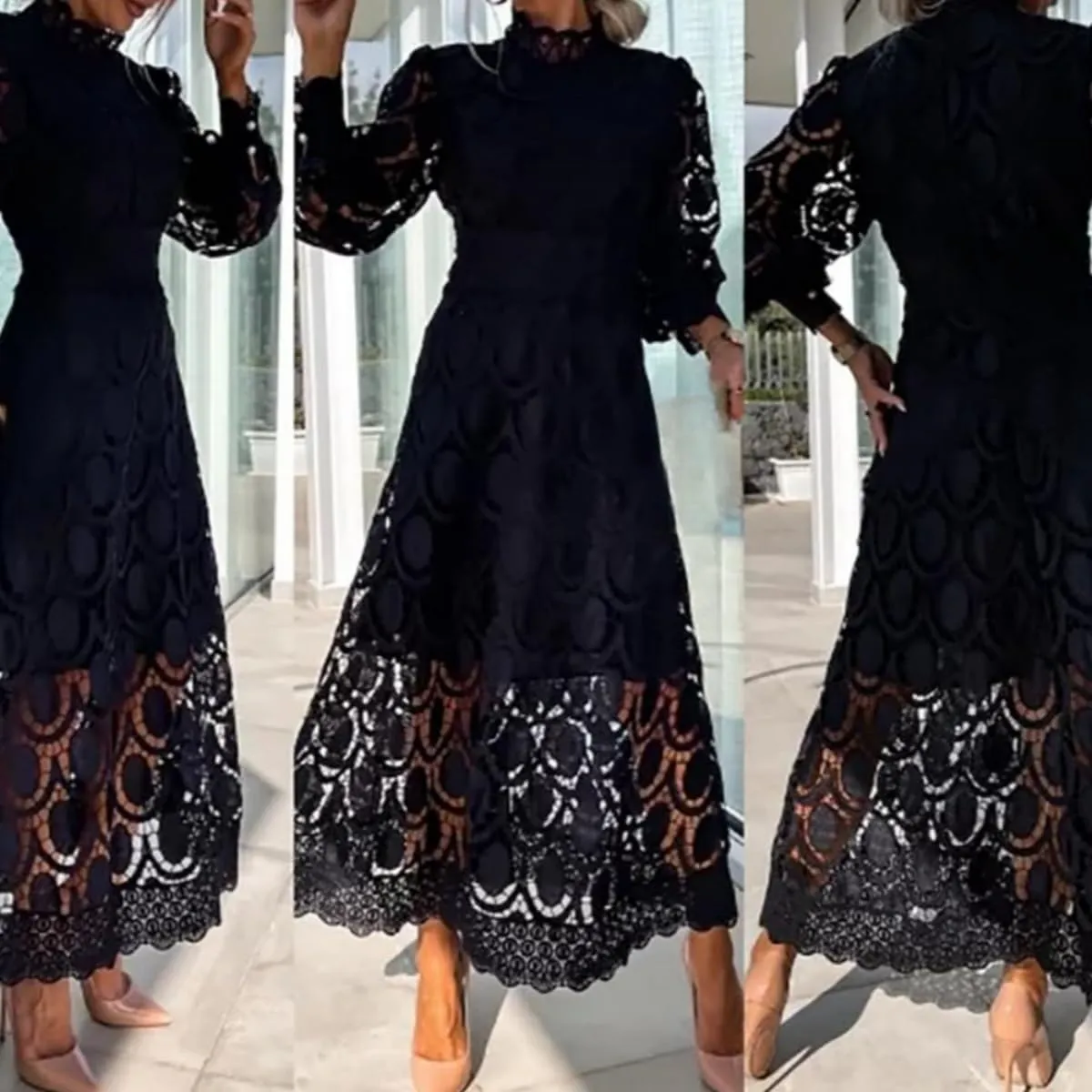 Women's Flowy Lace Formal Dress Womens Sexy Long Puff Sleeve Stand Collar Tight Waist Long Dress Lace Maxi Dress for Women
