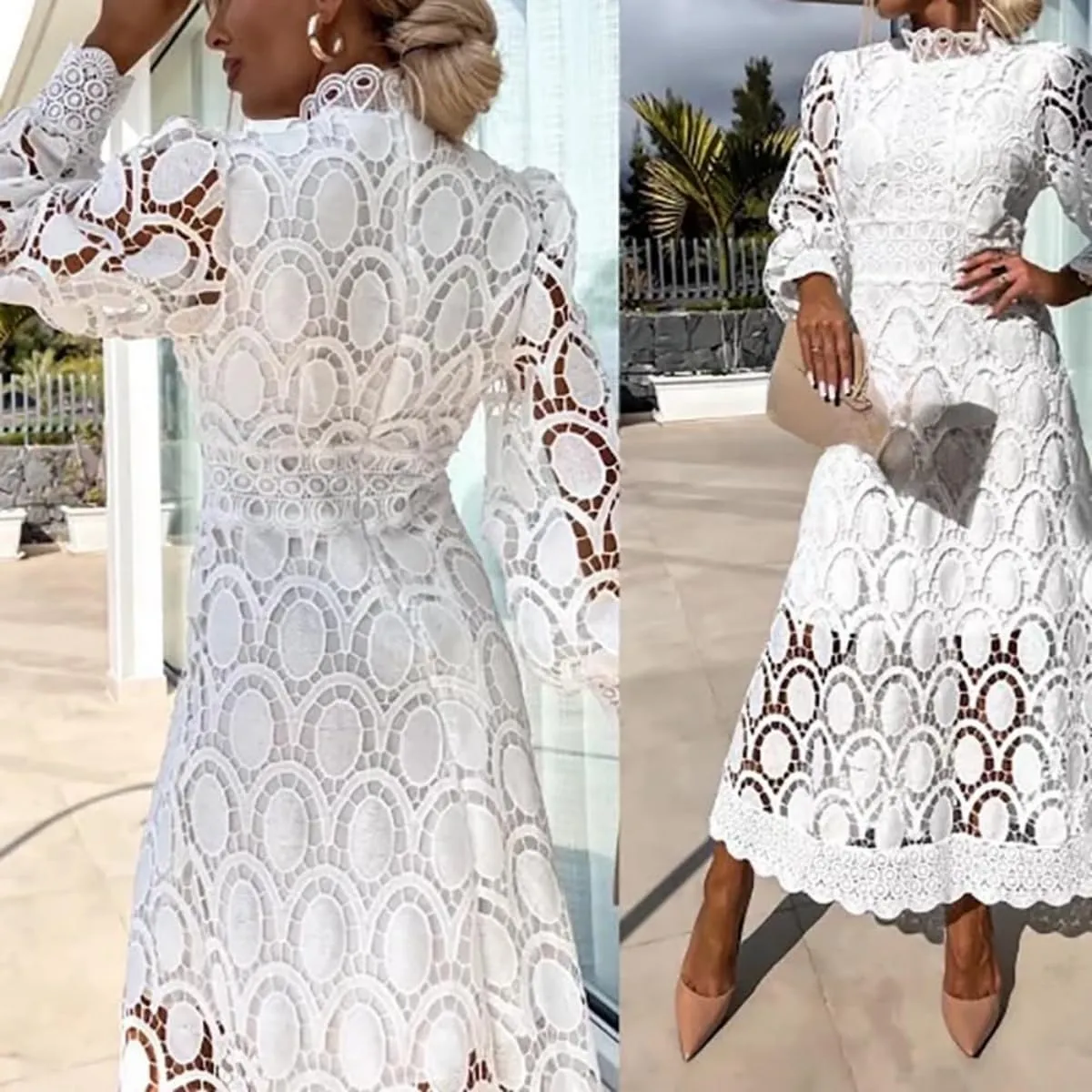 Women's Flowy Lace Formal Dress Womens Sexy Long Puff Sleeve Stand Collar Tight Waist Long Dress Lace Maxi Dress for Women