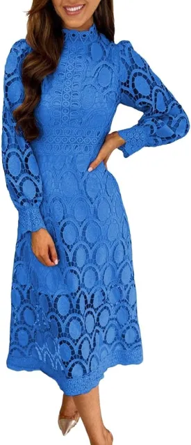 Women's Flowy Lace Formal Dress Womens Sexy Long Puff Sleeve Stand Collar Tight Waist Long Dress Lace Maxi Dress for Women