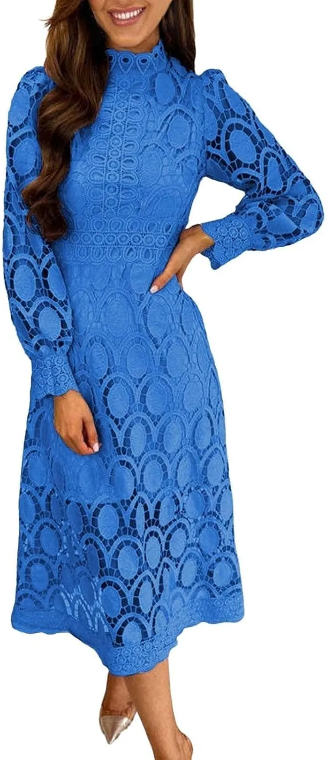 Women's Flowy Lace Formal Dress Womens Sexy Long Puff Sleeve Stand Collar Tight Waist Long Dress Lace Maxi Dress for Women