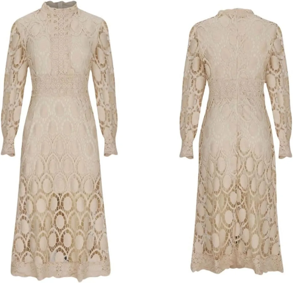Women's Flowy Lace Formal Dress Womens Sexy Long Puff Sleeve Stand Collar Tight Waist Long Dress Lace Maxi Dress for Women