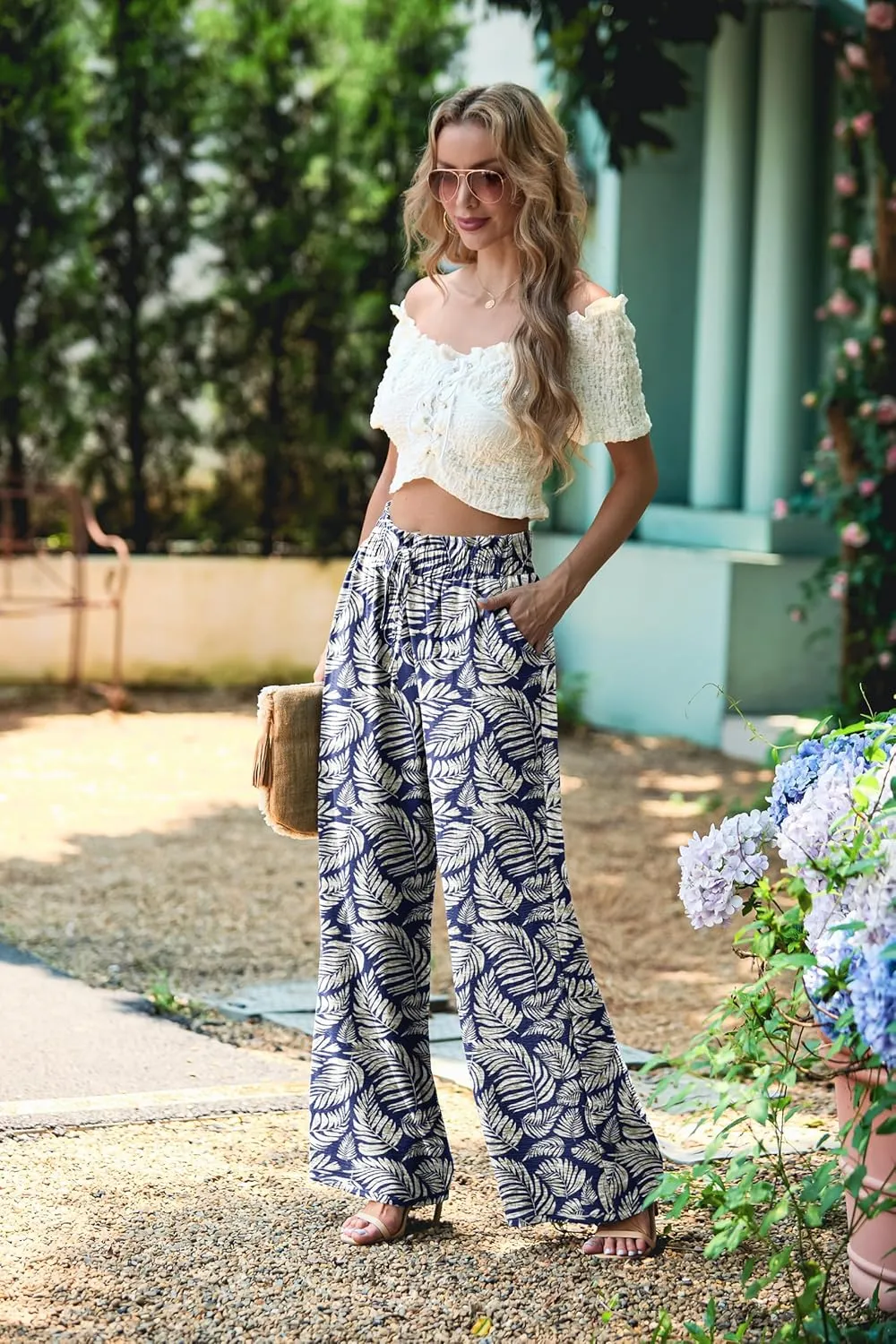 Women's High Waisted Wide Leg Pants Flowy Palazzo Pants Work Casual Tie Knot Pants with Pockets