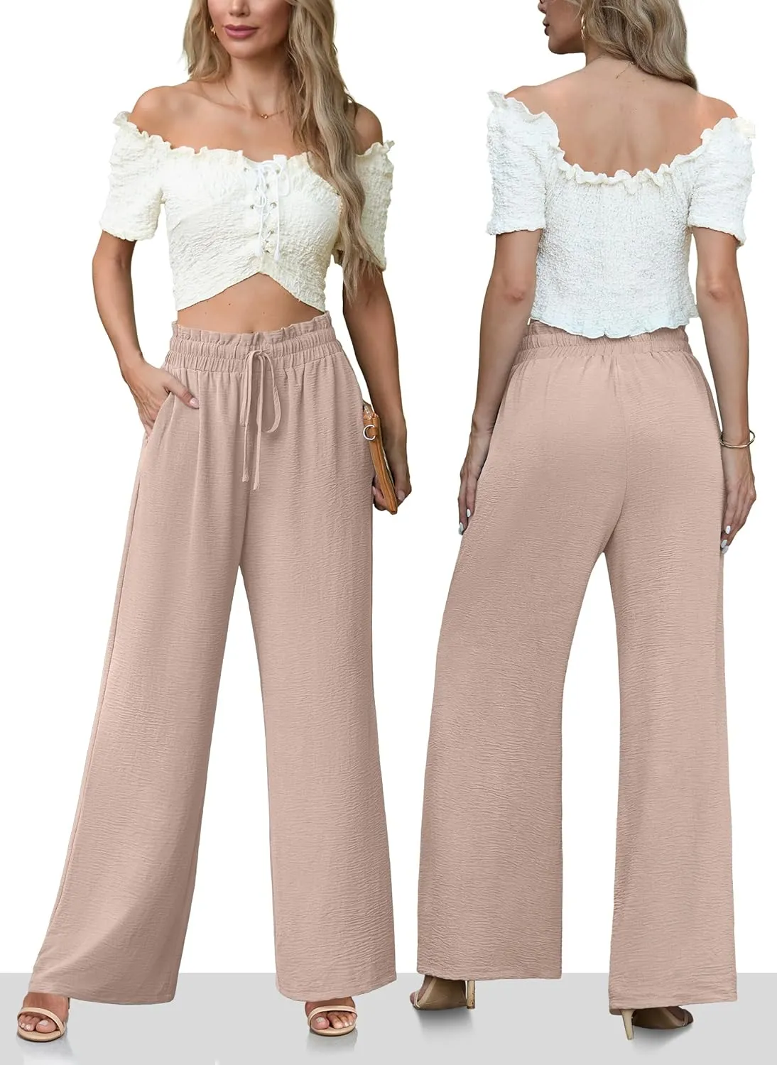 Women's High Waisted Wide Leg Pants Flowy Palazzo Pants Work Casual Tie Knot Pants with Pockets