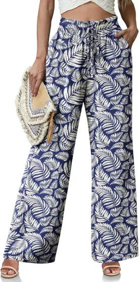 Women's High Waisted Wide Leg Pants Flowy Palazzo Pants Work Casual Tie Knot Pants with Pockets