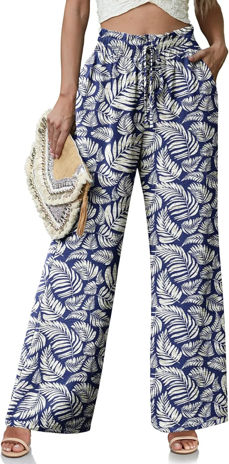 Women's High Waisted Wide Leg Pants Flowy Palazzo Pants Work Casual Tie Knot Pants with Pockets