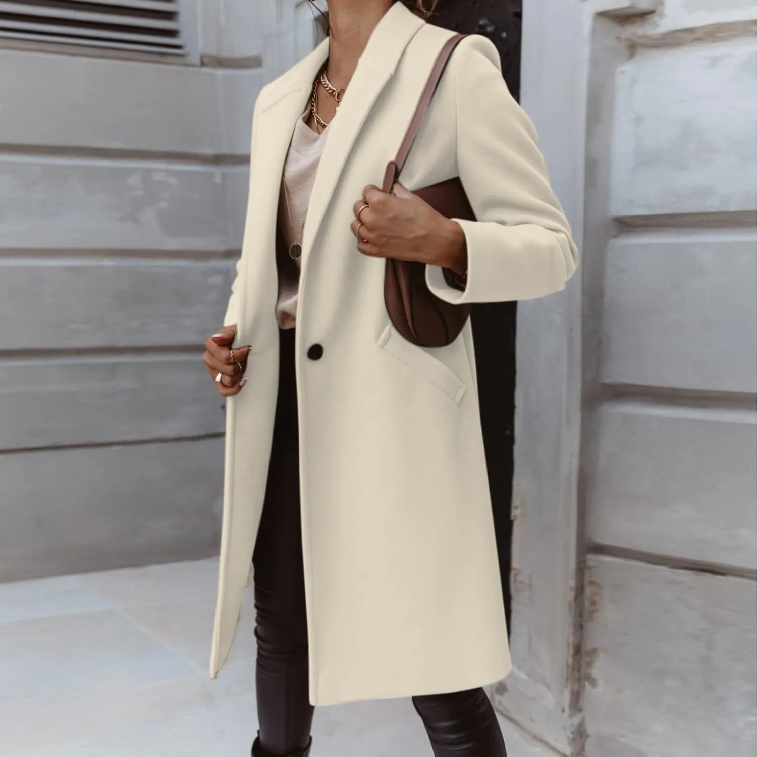 Womens Notch Lapel Cotton Blend Coat Winter Open Front Single Breasted Mid-Long Business Casual Blazers with Pockets
