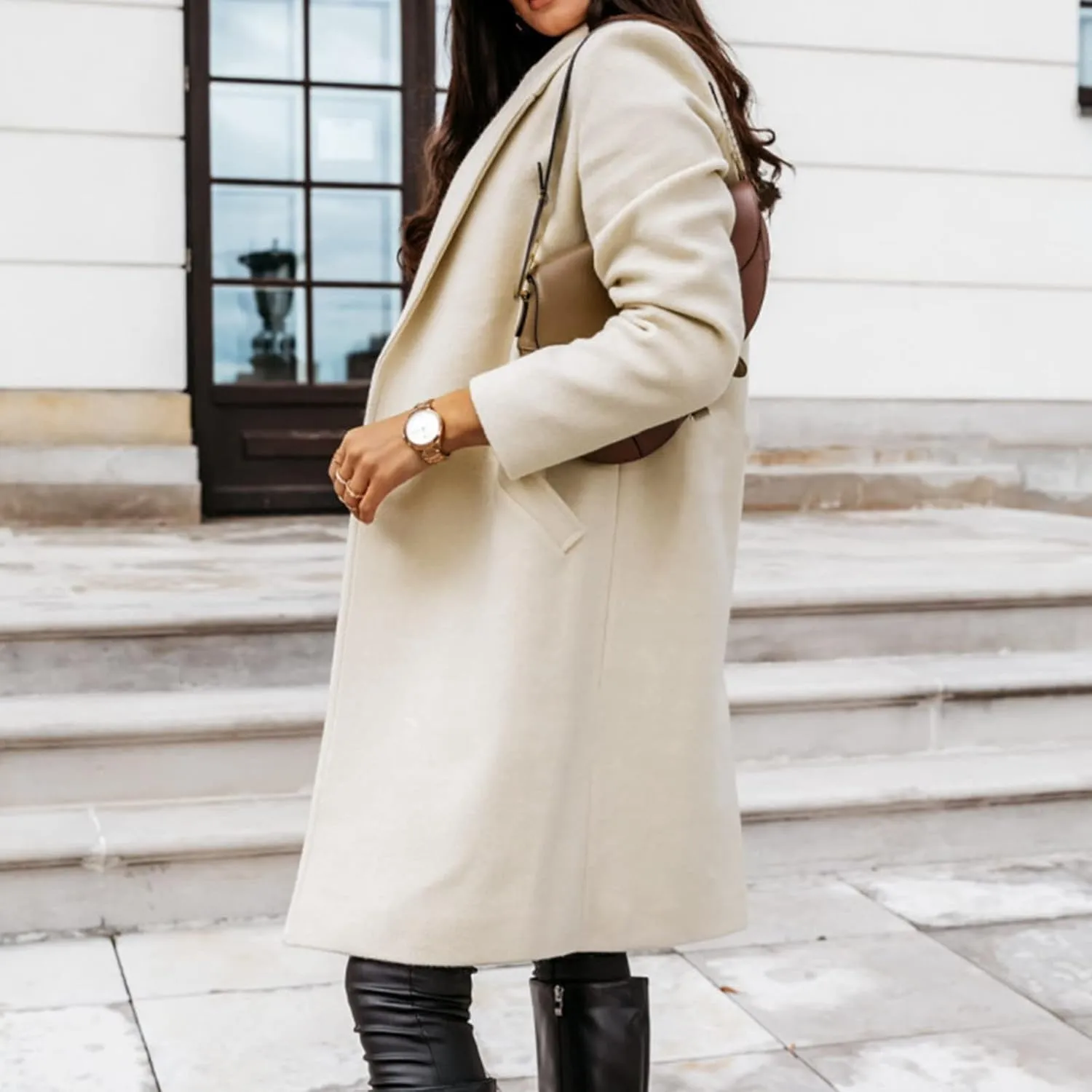 Womens Notch Lapel Cotton Blend Coat Winter Open Front Single Breasted Mid-Long Business Casual Blazers with Pockets