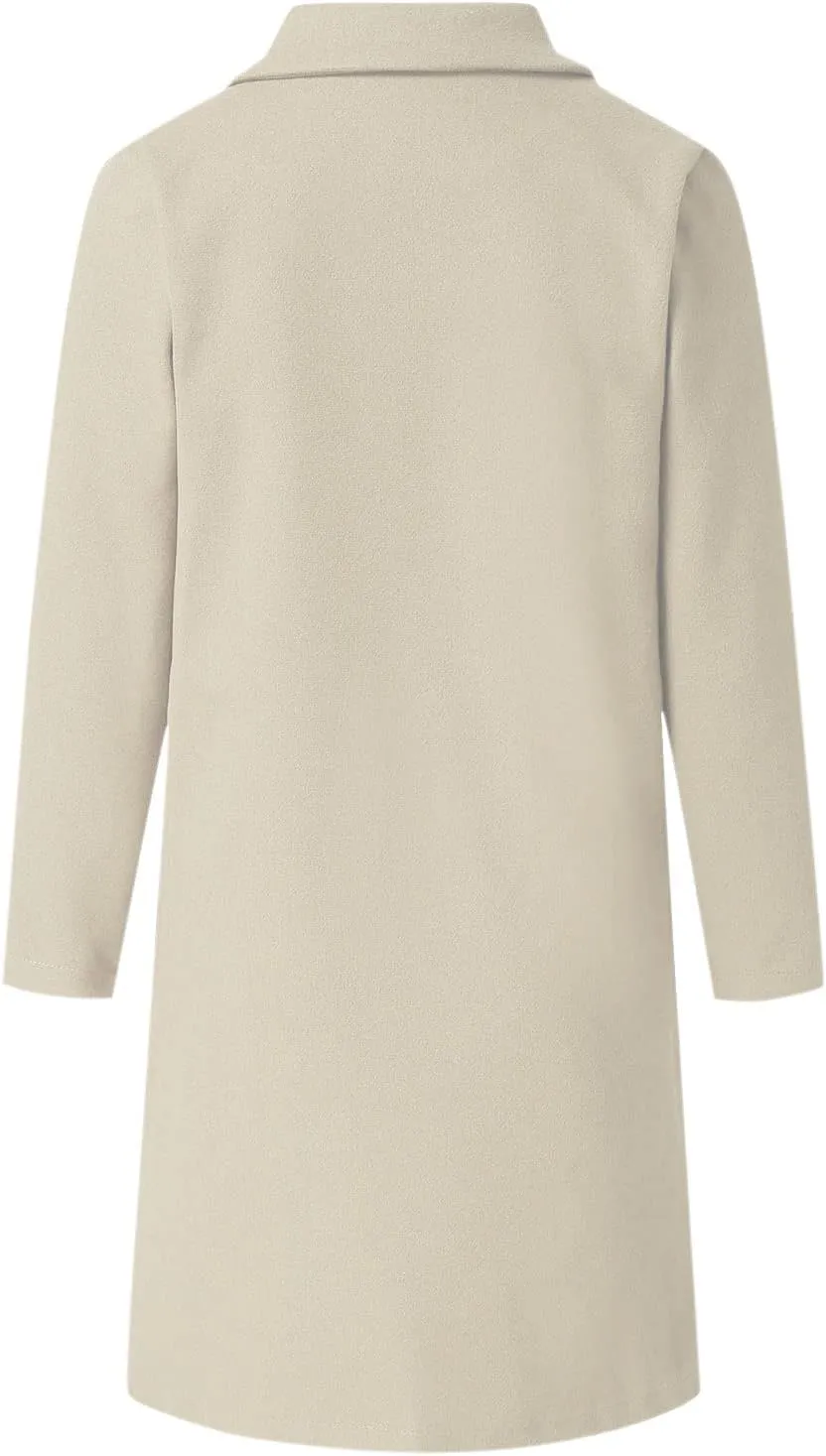 Womens Notch Lapel Cotton Blend Coat Winter Open Front Single Breasted Mid-Long Business Casual Blazers with Pockets