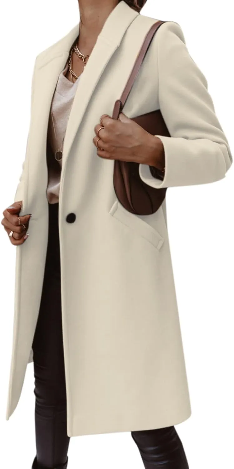 Womens Notch Lapel Cotton Blend Coat Winter Open Front Single Breasted Mid-Long Business Casual Blazers with Pockets
