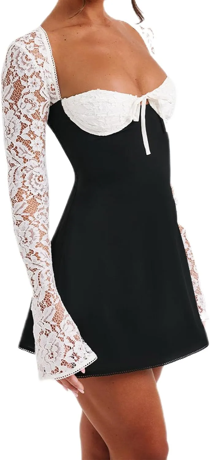 Womens Square Neck Bodycon Mini Dress Retro Lace Floral Long Sleeve Flare Hem Club Party Night Out Dress