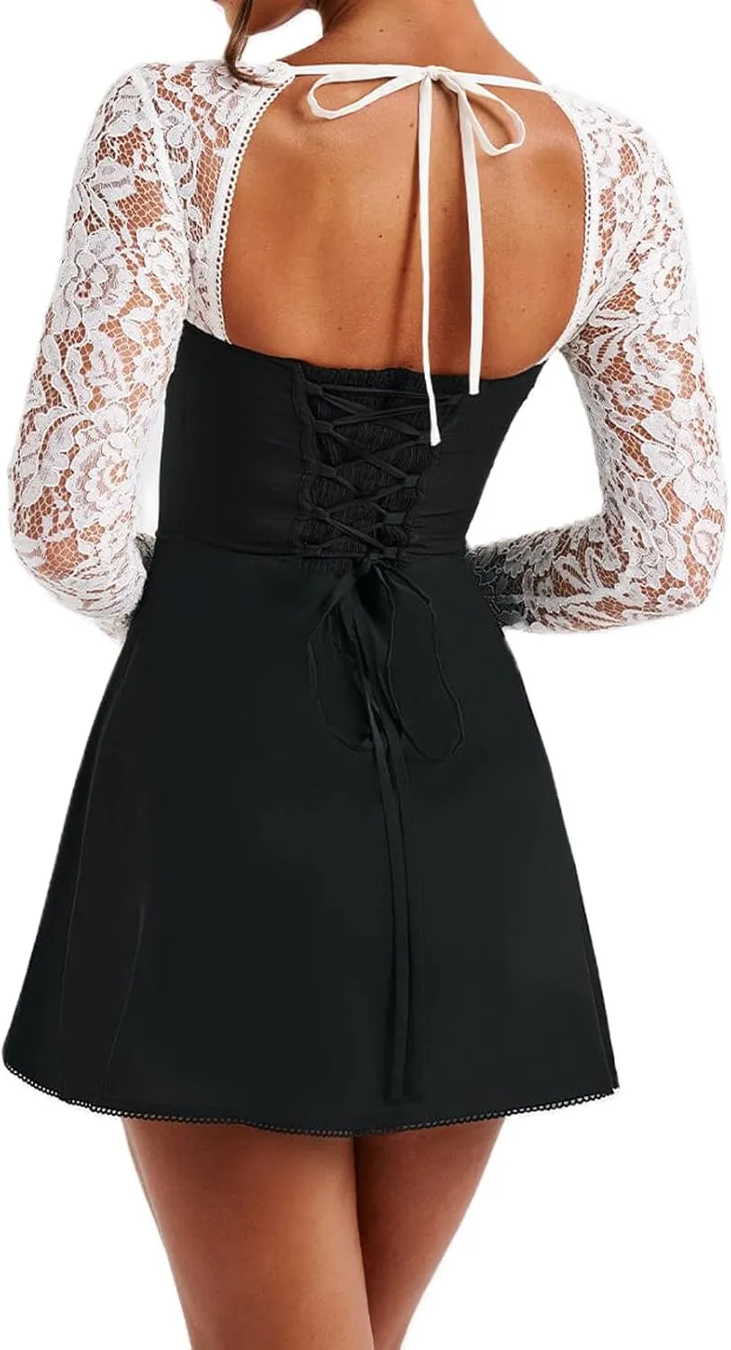Womens Square Neck Bodycon Mini Dress Retro Lace Floral Long Sleeve Flare Hem Club Party Night Out Dress