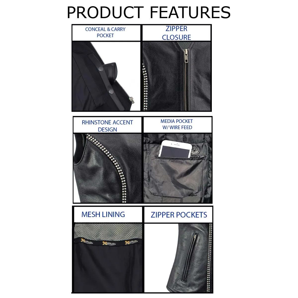 Xelement XS24002 Women's 'Bling' Black Leather V-Neck Motorcycle Rider