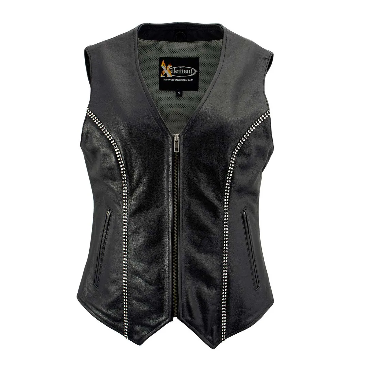 Xelement XS24002 Women's 'Bling' Black Leather V-Neck Motorcycle Rider